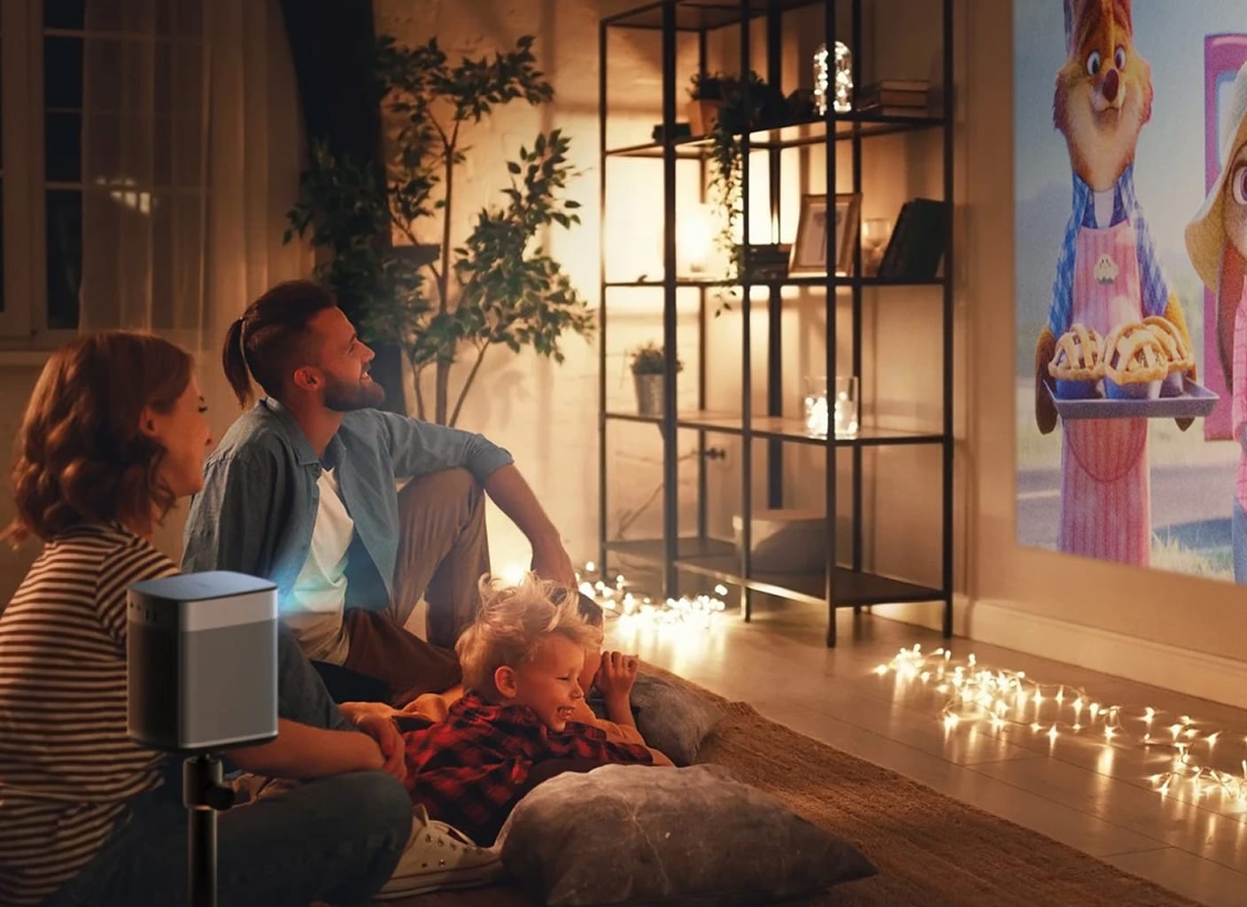 Family using a projector distributed by Display Me