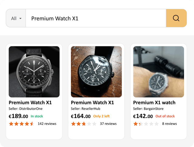 Same product listed by three different distributors at three different prices on a marketplace