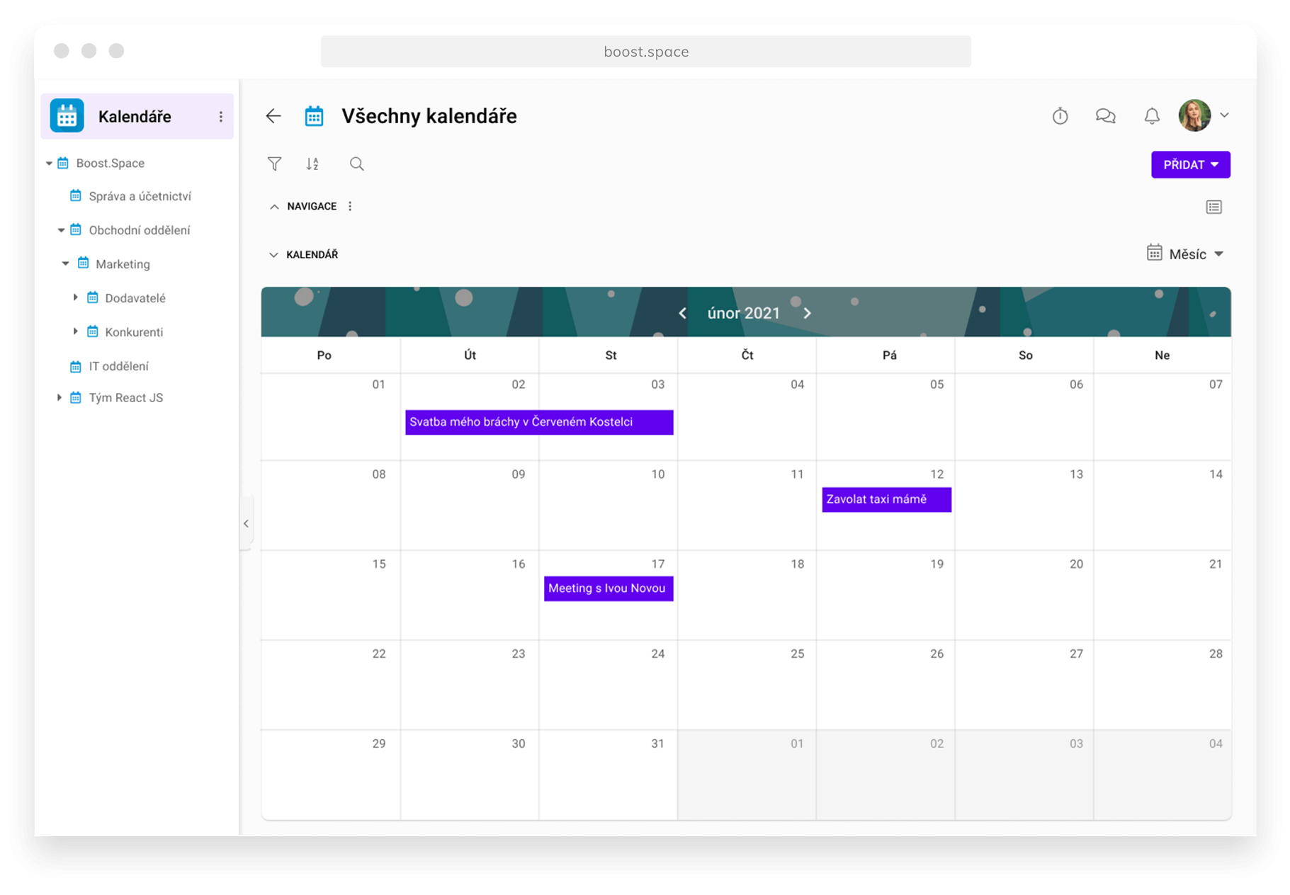 Screenshot modulu Kalendář