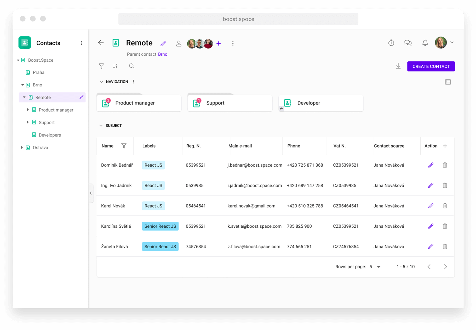 Screenshot of the module Contacts